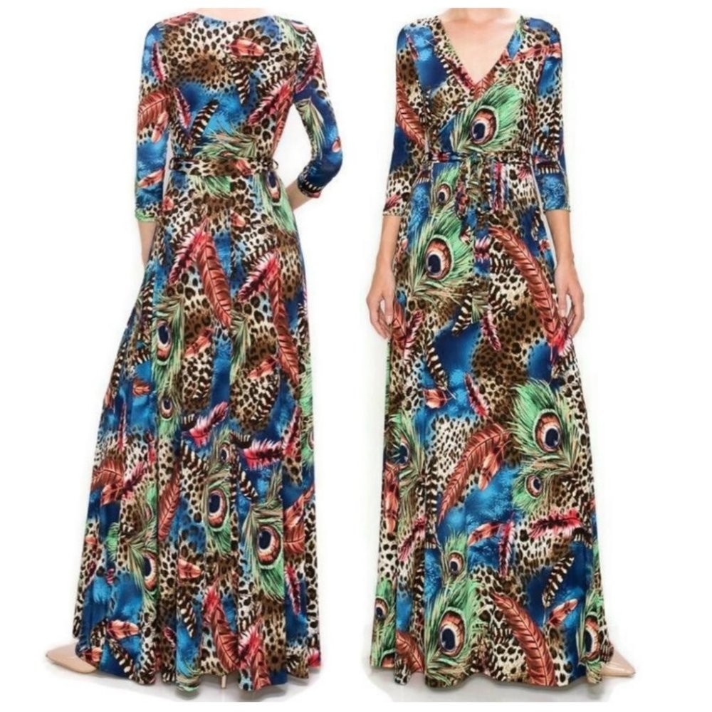 Janette Fashion Peacock Leopard Feathers Faux Wrap Maxi Dress
